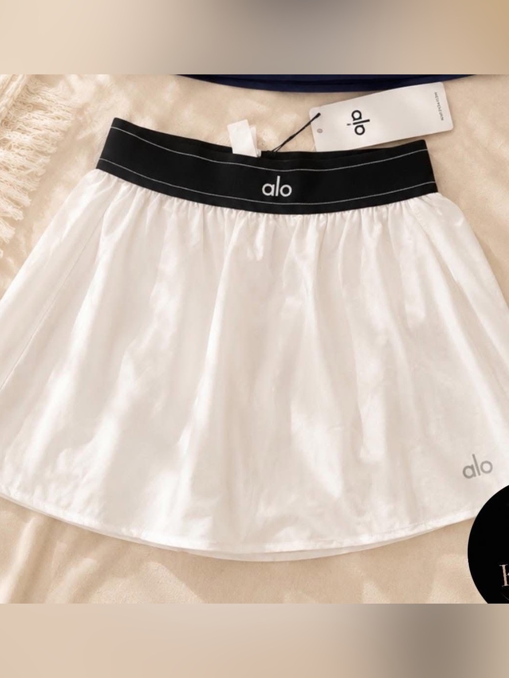ALO Yoga White Skater Skirt with Black Elastic Waistband